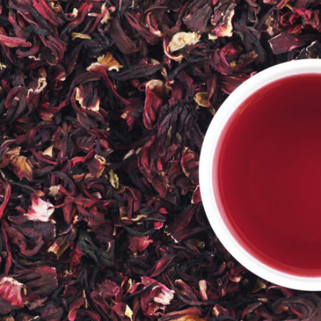 Cup of hibiscus tea on the leaves, panorama